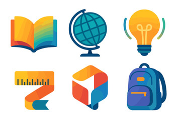 Colorful educational icons representing learning tools, globe, and backpack with a light bulb, ideal for school and study themes