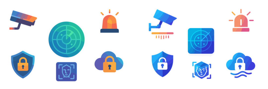 Colorful icons of security and surveillance technology displayed on a white background