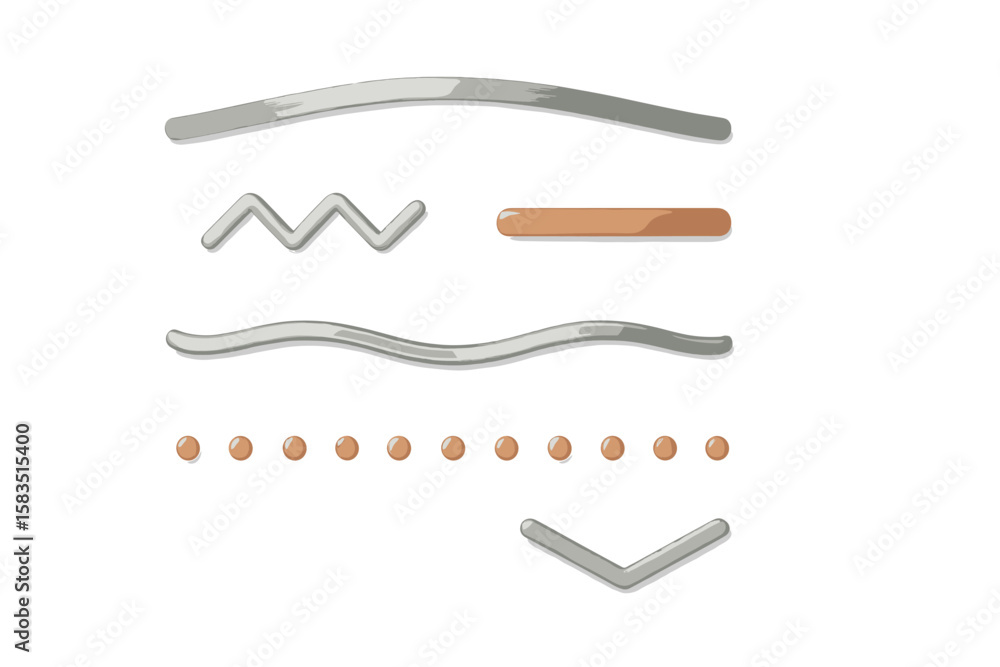 Poster metallic design elements in various shapes and textures for creative projects in a minimalist style