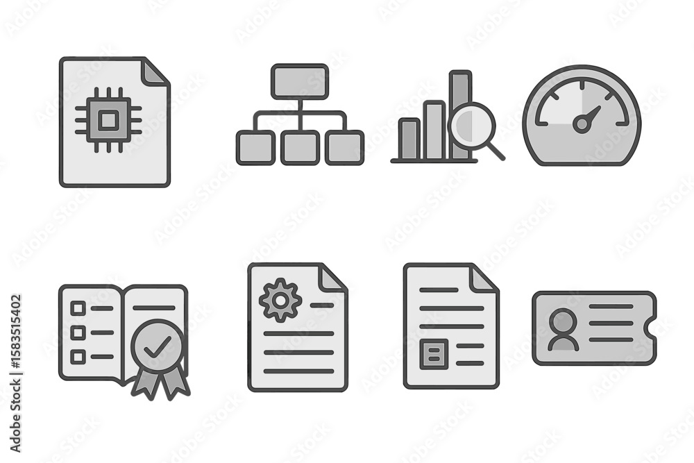 Poster icons representing various aspects of technology, data analysis, and documentation practices in a mi