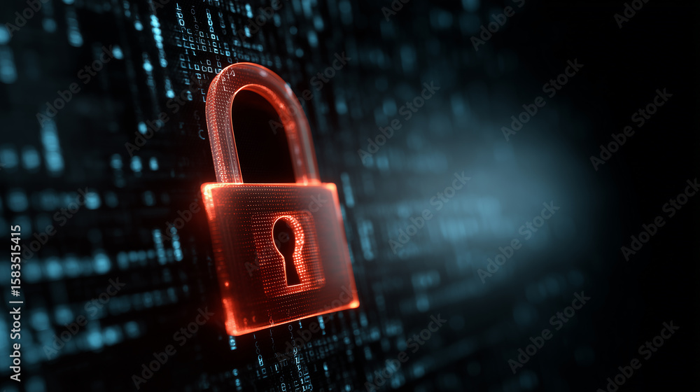 Poster futuristic digital lock graphic with cybersecurity elements for data protection and privacy concepts