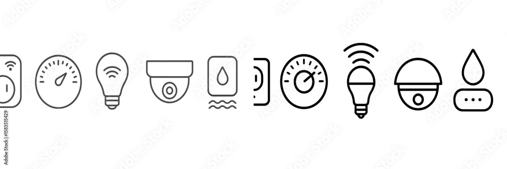 Poster icon set representing smart home technology devices including sensors and cameras for monitoring and