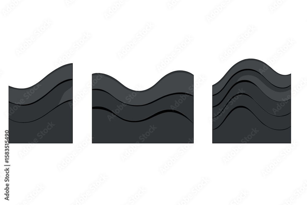 Poster abstract layered waves design in black color showcasing modern art aesthetic and flow in three panel
