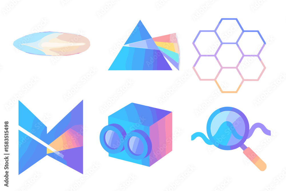 Poster vibrant geometric shapes represent concepts of light and color blending in a contemporary graphic de