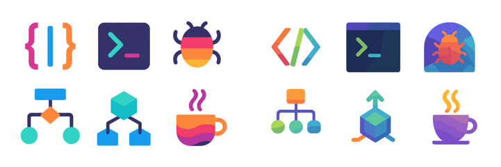 Colorful coding icons representing programming concepts and tools showcased in a modern design