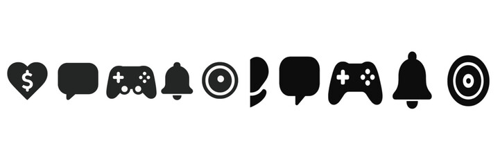Naklejka premium Black icons representing various emotions and activities in gaming and communication on a white background