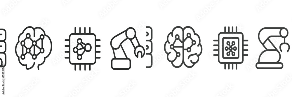 Poster icons representing artificial intelligence, machine learning, and robotics technology in a modern di