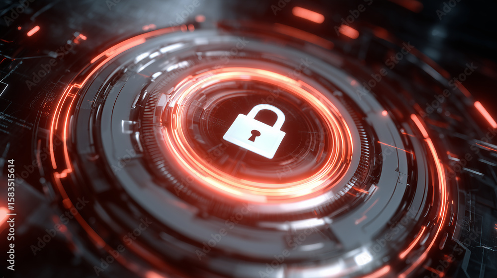 Poster futuristic digital lock symbol on abstract technology background with glowing red neon lights and ci