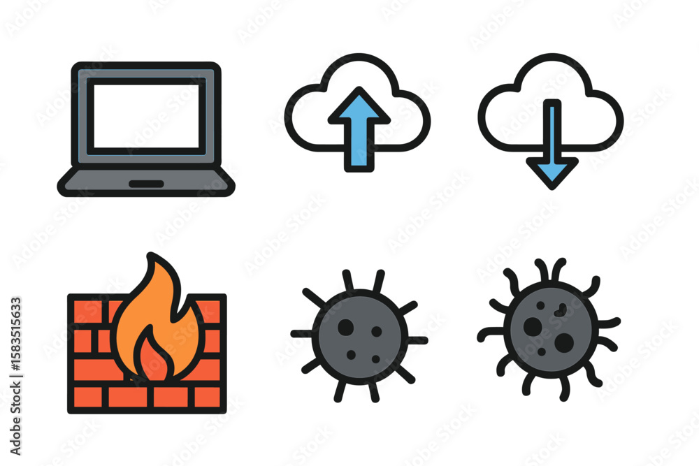 Poster understanding the basic components of cybersecurity through visuals depicting common threats and saf