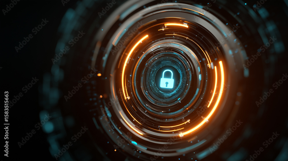 Poster futuristic digital lock surrounded by glowing circular patterns and vibrant light effects in a high-