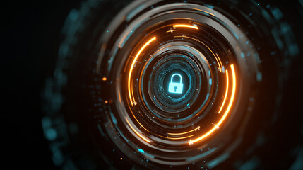 Futuristic digital lock surrounded by glowing circular patterns and vibrant light effects in a high-tech abstract design representing security concepts