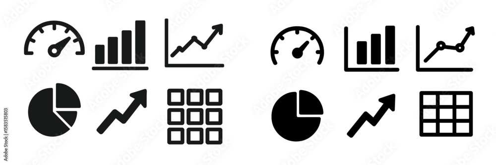 Poster various black and white business icons representing data analysis and performance metrics on a simpl