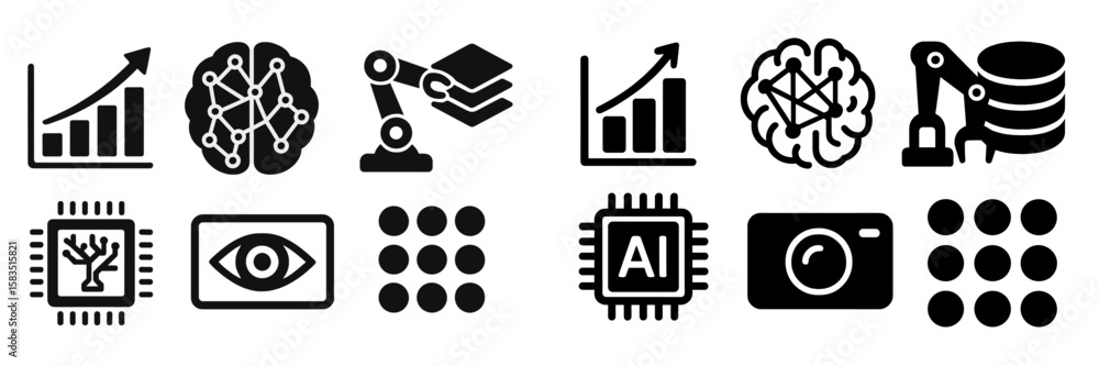 Poster various black and white icons representing data analysis, artificial intelligence, and robotics in t