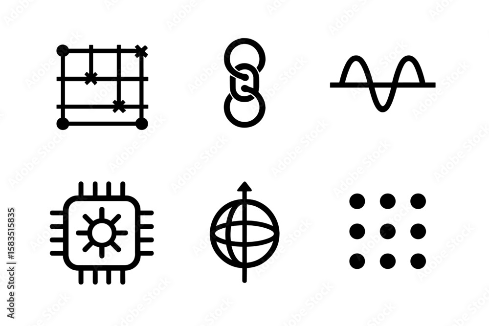 Poster symbols representing technology, connectivity, and data analysis in a minimalist style