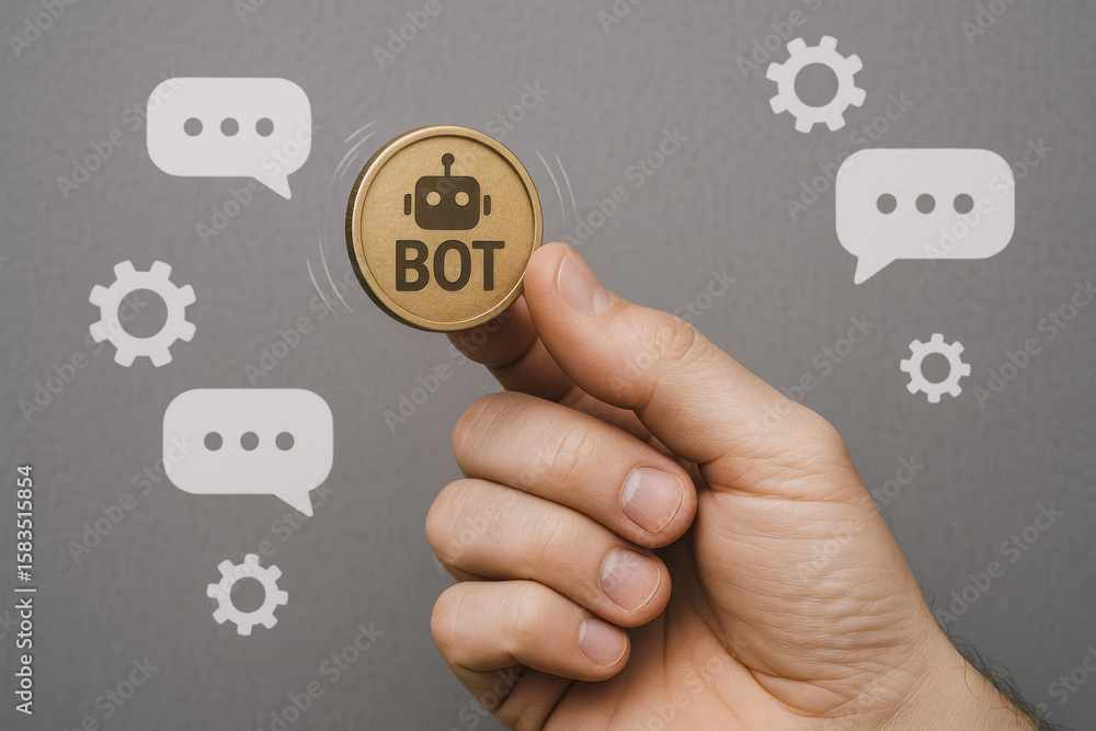 Poster a spinning a coin with a bot symbol symbolizes automation and dynamic digital communication driving 