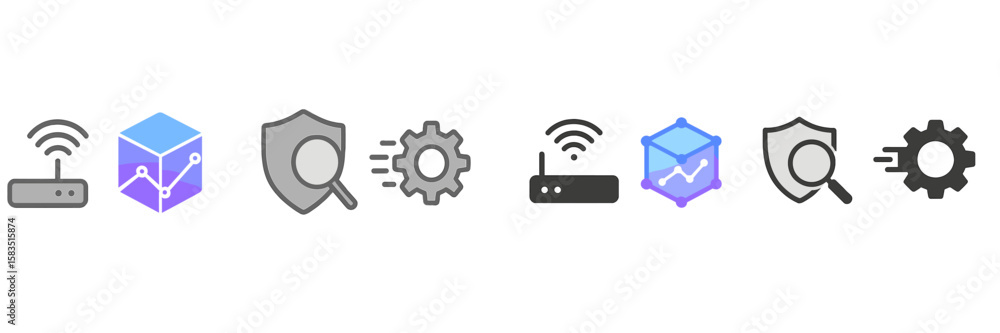 Poster network security icons representing data protection, analysis, and connectivity in a digital environ