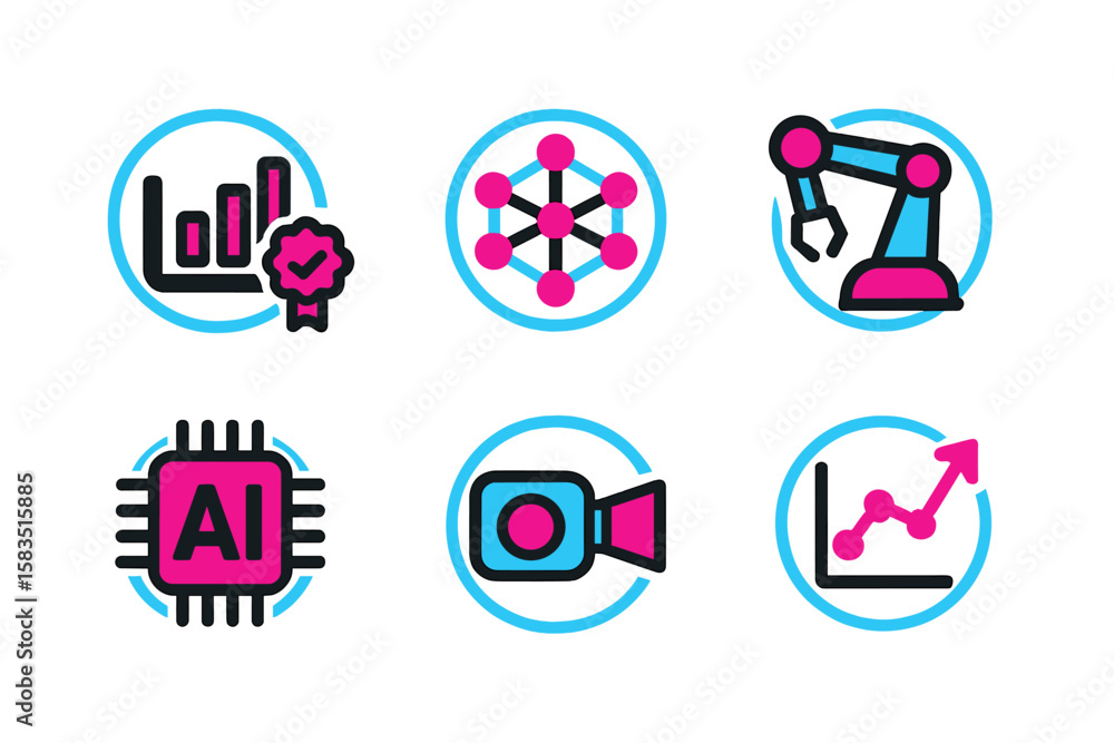 Poster visual representation of technology icons highlighting data analytics, robotics, and artificial inte