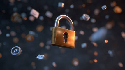 Metallic padlock with keyhole floating among digital symbols representing security, protection, and online safety concepts in 3D render