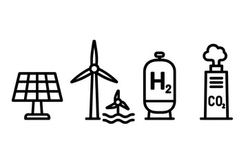 Renewable energy icons representing solar, wind, and hydrogen technologies along with carbon emissions at an educational exhibit