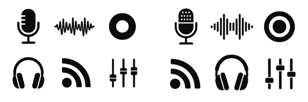 Various black and white sound and music icons depicting microphones, sound waves, headphones, and audio controls used for audio production