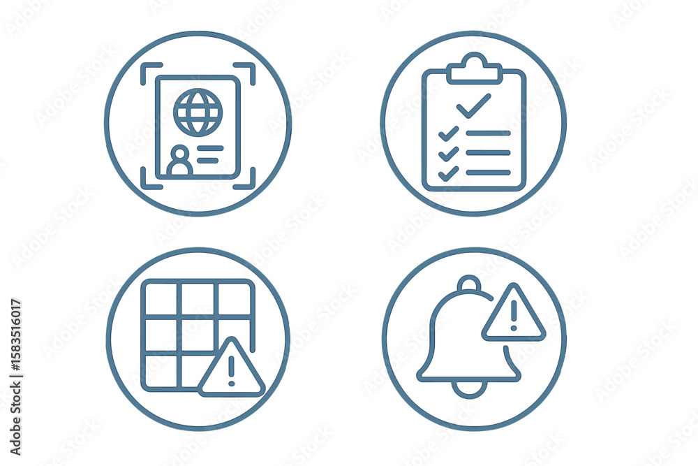 Poster icon collection representing various tasks, including document scanning, checklist completion, data 