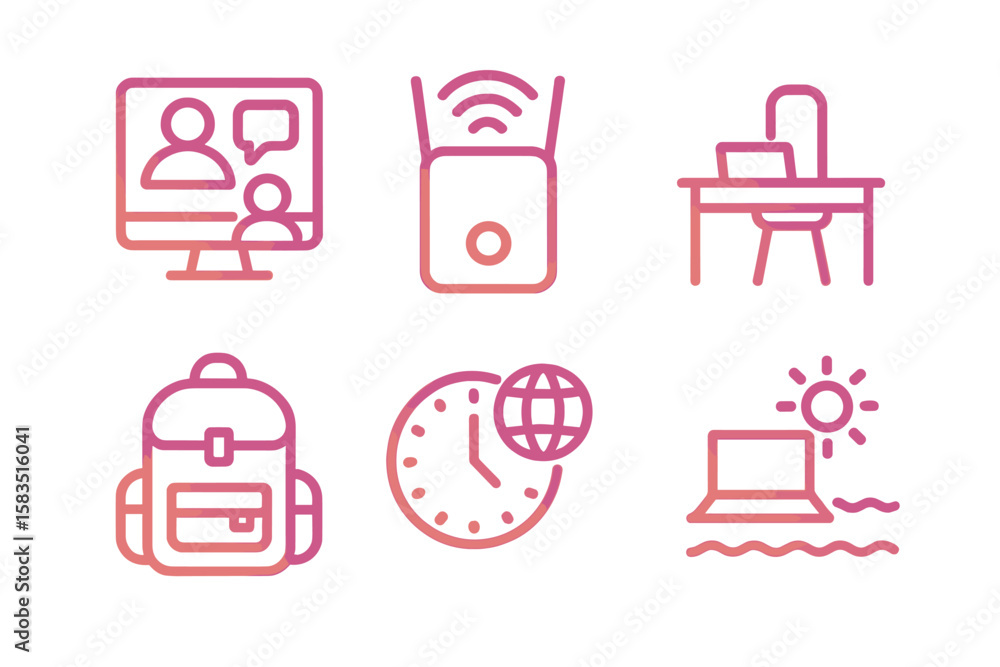 Poster digital learning tools and symbols representing online education and remote work environment in a co