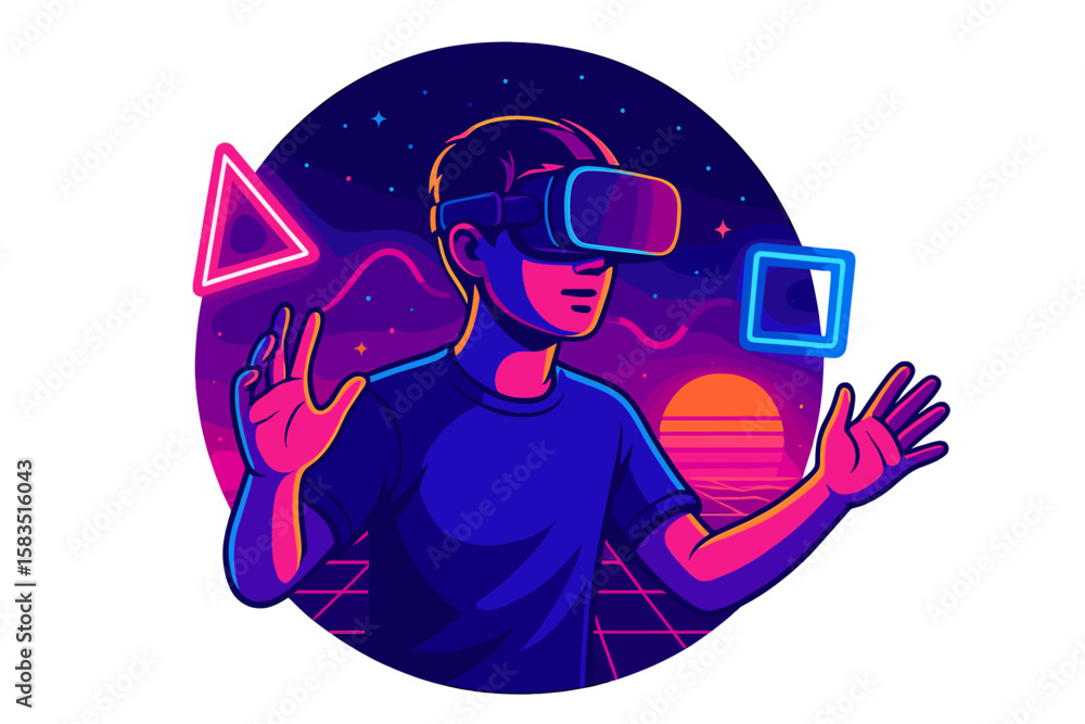 Poster virtual reality experience engages a user with geometric shapes and vibrant colors in a futuristic s