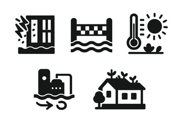 Naklejka premium Symbols representing various aspects of flooding and water-related hazards in urban areas