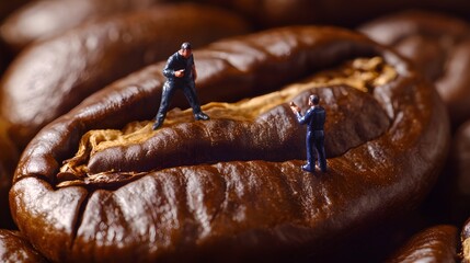 Miniature figures inspecting roasted coffee beans