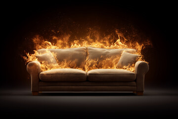 A photorealistic image of a cozy home-style sofa engulfed in bright flames on black background showcasing intense fire and natural white lighting