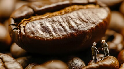 Miniature figures inspecting roasted coffee beans