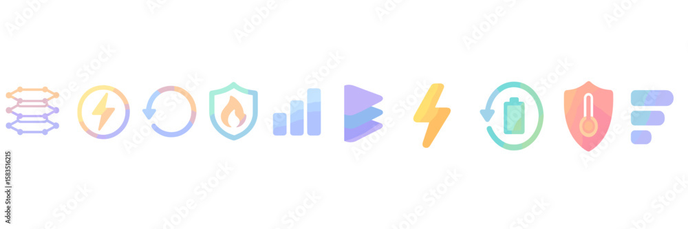 Poster colorful icons representing various technologies and functions in digital design, suitable for web a