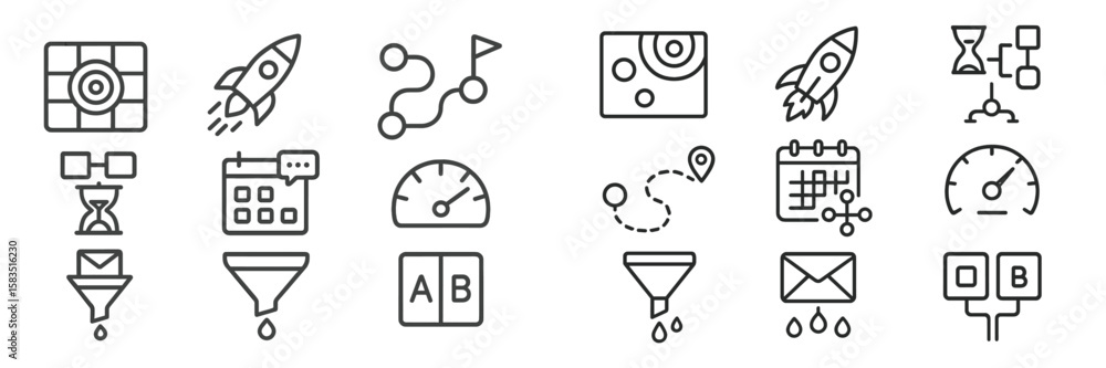 Poster creative icons representing project management concepts arranged in a clean layout with distinct des