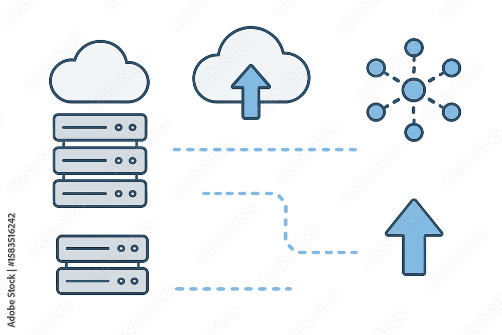 Poster cloud computing concept illustrating data storage, upload, and networking components for digital ser