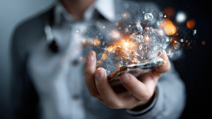 Explosive mobile technology showcase urban setting digital art futuristic environment close-up view innovation concept