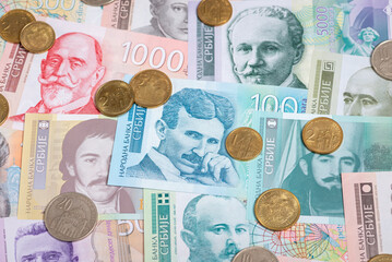 Serbian dinar currency banknotes and coins