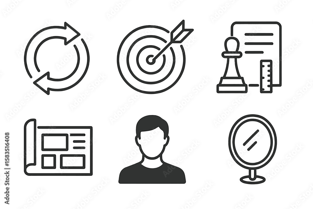 Poster visual representation of key concepts in strategy and planning with icons depicting various elements