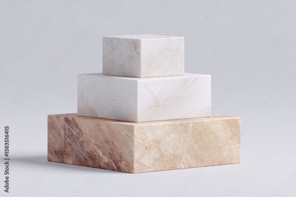 Poster multi-tiered marble-style podium arranged in pyramid shape soft shadowed on white background with am