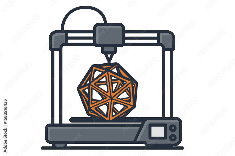 Poster 3d printer creating an intricate geometric shape in a workshop setting