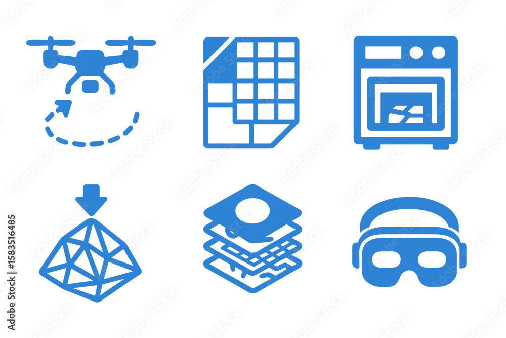 Poster concepts of modern technology with icons representing drone, graphics design, 3d printing, and virtu