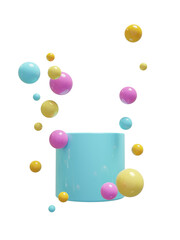 Set of 3d glass green cylinder stand podium with colorful balls, bubbles on transparent background. Circle mockup, pedestal platform for product showcase.