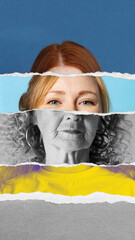Paper cut artwork. Portrait of elderly woman with confident gaze layered from torn textures....