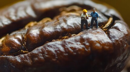Miniature figures inspecting roasted coffee beans