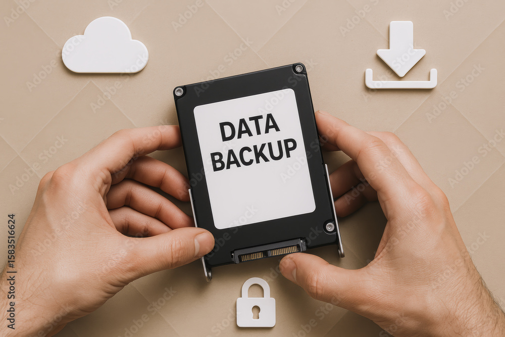 Poster ensuring data security through consistent backup processes protects information integrity and suppor