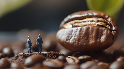 Miniature figures inspecting roasted coffee beans
