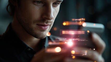 Exploring mobile technology man engaging with smartphone urban setting digital interaction close-up perspective