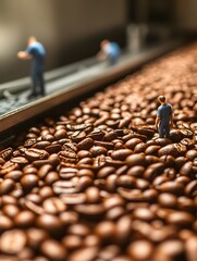 Miniature figures inspecting roasted coffee beans