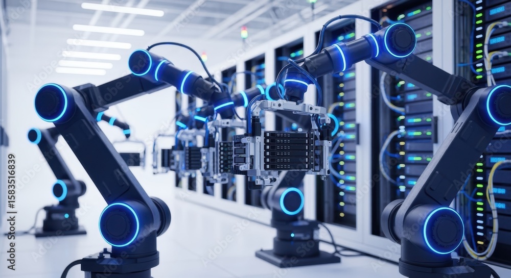 Poster automated robotic arms managing hardware components in a cuttingedge data storage center.