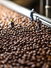 Miniature figures inspecting roasted coffee beans