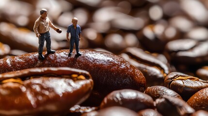 Miniature figures inspecting roasted coffee beans
